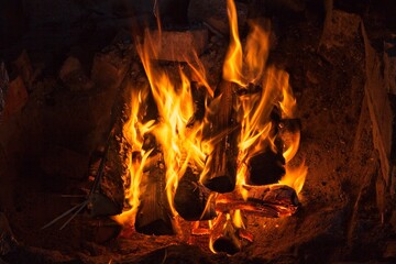 Open log fire in fireplace.