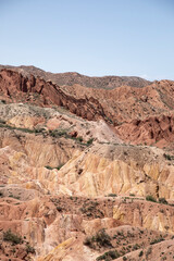 View of the dry desert badlands of Fairy Tale Canyon in Kyrgyzstan.