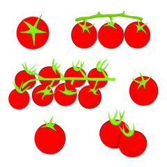Print design vector illustration of red and green tomato collection. Cute set with flat style.	