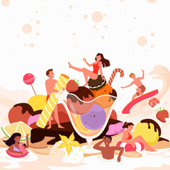 Huge glass of sweet ice cream. Summer frozen dessert, cold creamy product, freezy snack, fruits flavour and vanilla, sorbet icecream, tasty ice cream cone vector illustration