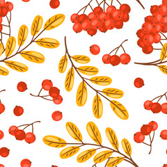 Seamless pattern of rowan with berries. Image of autumn plant.