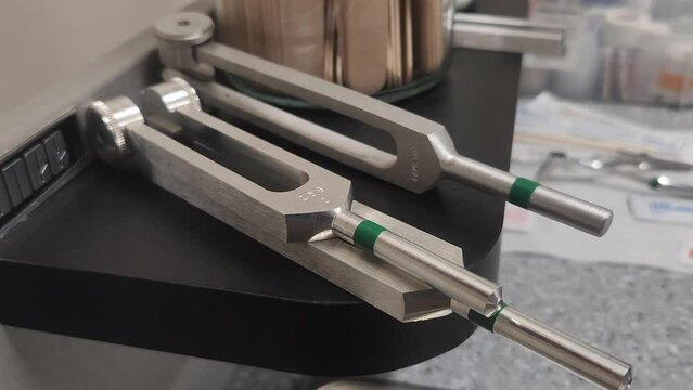 Ear, Nose, and Throat Exam room close up of tuning forks used to test hearing by ENT Physicians.