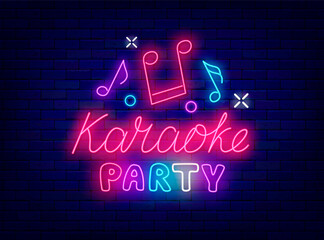 Karaoke party neon label. Notes icon. Talent show. Light sign. Night club logotype. Vector stock illustration