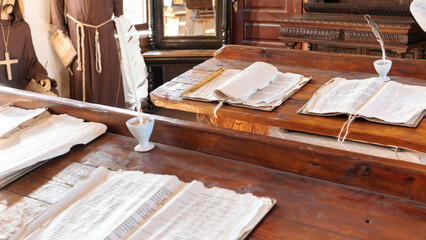 School in a Catholic Jesuit monastery. Education in the Middle Ages. Ancient manuscripts and...