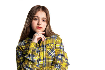 ortrait of young cute happy teenage girl on white background.