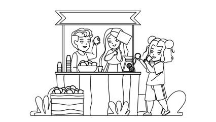 Children Selling Lemonade Drink Outdoor Vector. Boy And Girl Kids Preparing And Selling Lemonade Delicious And Sweet Beverage. Characters Schoolboy And Schoolgirl black line illustration