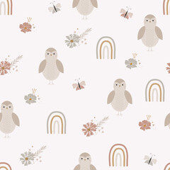 Cute baby seamless pattern with owls. Cartoon owl, rainbow and flowers. Print in pastel colors for a girl. Hand drawn nursery design of fabric, texture, packaging. Kids background. 