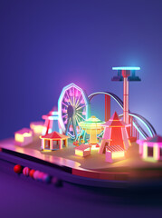 Fairground amusement park filled with rides and attractions lit up with neon lights. 3D illustration. - obrazy, fototapety, plakaty
