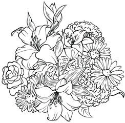 Bouquet of flowers lily of the valley daisy rose black and white vector