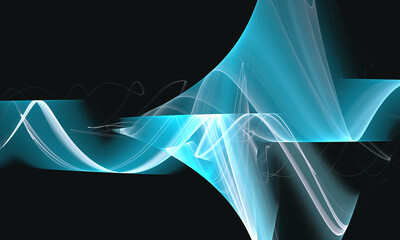 Digital aqua blue 3d snake or wavy stripe fluttering in deep space. Artistic parallax, dynamic motion and flow of glowing lines and curves. Concept of sound and rhythm, audio radiance and stream.  - 516770365