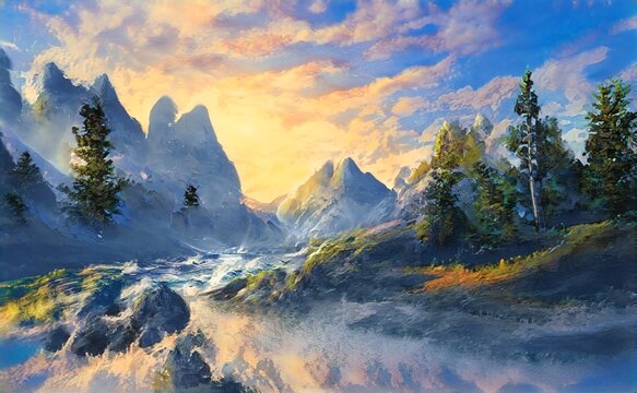 fantasy background, beautiful acrylic painting, stylized painting, unusual fantasy landscape, landscape painting, abstract landscape 3d render
