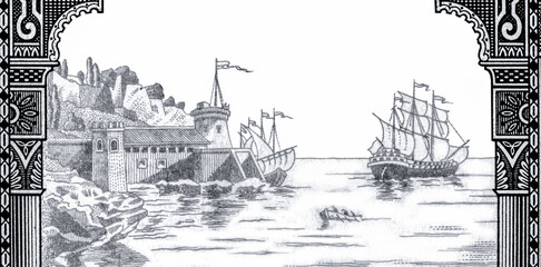 Fortress at left, sailing ship at right., Portrait from Morocco 50 Francs 1944 Banknotes.