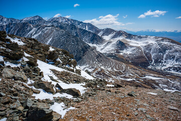 View from a repeater on snowy tops of Altai mountains near Aktash town, Russia
