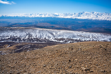 View from a repeater on snowy tops of Altai mountains near Aktash town, Russia