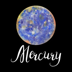 Watercolor zodiac Mercury planet with hand lettering