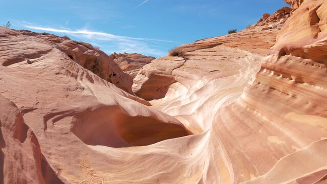 Aerial Flying Over Canyon Is Red Rock Monolith With Smooth Wavy Walls