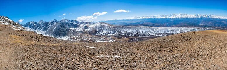 View from a repeater on snowy tops of Altai mountains near Aktash town, Russia