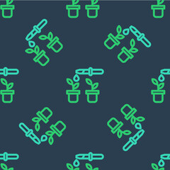 Line Drop of water drops from pipette on plant icon isolated seamless pattern on blue background. Medical or agricultural experiments. Fertilizers and pesticides. Vector