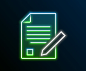 Glowing neon line Exam sheet and pencil with eraser icon isolated on black background. Test paper, exam, or survey concept. School test or exam. Colorful outline concept. Vector