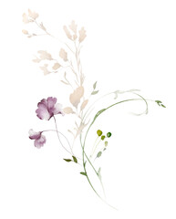 Obraz na płótnie Canvas Set watercolor arrangements with garden flowers. bouquets with pink, yellow wildflowers, leaves, branches. Botanic illustration isolated on white background.