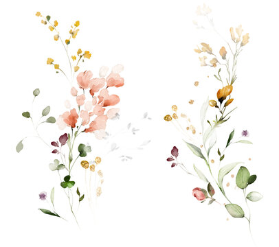 Set watercolor arrangements with garden flowers. bouquets with pink, yellow wildflowers, leaves, branches. Botanic illustration isolated on white background.