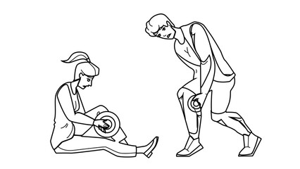 cramp leg vector. man woman pain, muslule injury, foot massage, ache, runner hurt cramp leg character. people black line pencil drawing vector illustration