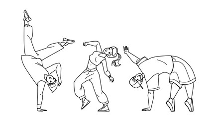 Teenagers In Dancing Class Exercising Dance Vector. Boy And Girl Teens Training Energy Break Dance Togetherness. Characters Hip Hop Practicing And Performing black line illustration