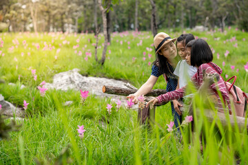 Mother and children travel in flower field on summer season holiday