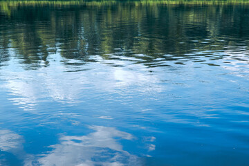 The rhythm of the waves on the river. Reflection of blue sky and green forest. 
Reflection in the river on a summer sunny day.