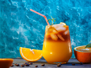 cold bumble coffee. refreshing espresso coffee with orange juice and ice on a blue background....