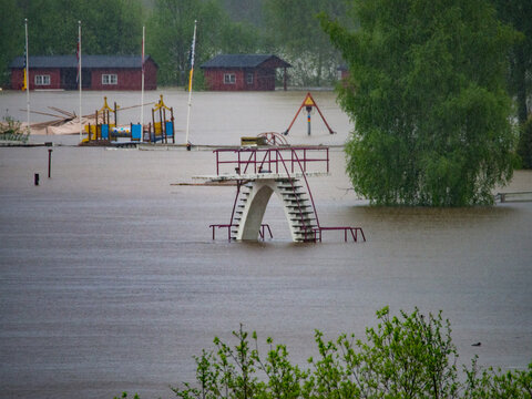 Diving tower in rain and flood