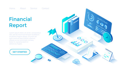 Business Data Analysis, Financial Report. Statistics and business statement. Research of company documents. Isometric illustration. Landing page template for web on white background.