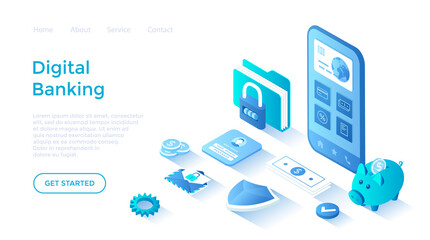 Digital Banking Online Services. Mobile banking and accounting platform. Online financial operations, payment, shopping. Isometric illustration. Landing page template for web on white background.