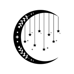 Crescent moon with hanging stars and olive leaves mystic magic boho black icon vector design.