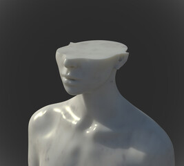 Abstract concept sculpture illustration from 3D rendering of white marble female figure sliced cut head missing upper part and isolated on background.
