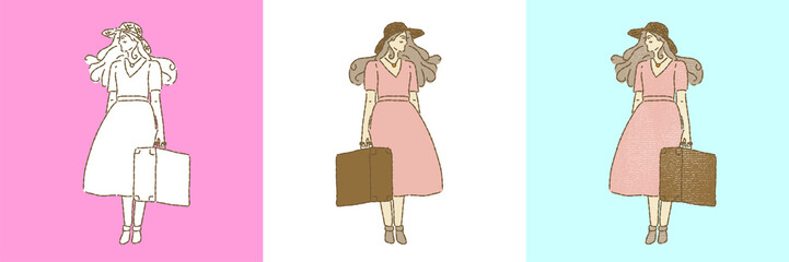 Girl in pink dress, wearing straw hat travelling alone. Traveler holding, carrying own vintage luggage. Set of different styles hand drawn flat vector illustration isolated on colored background.