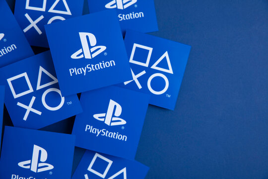 LONDON, UK - July 2022: Sony playstation logo against a blue background. Playstation is a video game brand