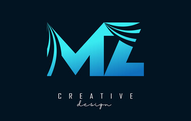 Creative blue letters MZ m z logo with leading lines and road concept design. Letters with geometric design.