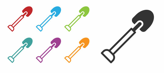 Black Shovel icon isolated on white background. Gardening tool. Tool for horticulture, agriculture, farming. Set icons colorful. Vector