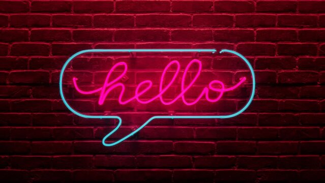 The HELLO neon sign on a brick wall. Welcoming sign made from the neon alphabet.