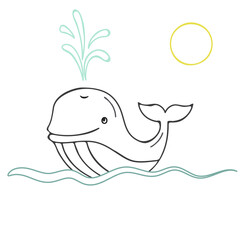 Cute cartoon whale with fountain isolated on white background. Hand drawn styled design.