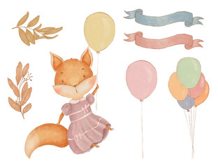 Baby fox invitation template with birthday resourses, baloons ans ribbons
