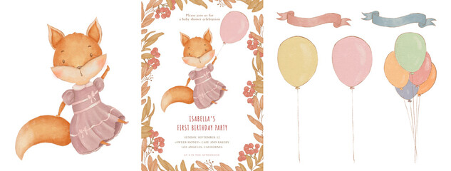 Baby fox invitation template with birthday resourses, baloons ans ribbons