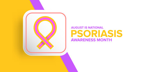Psoriasis awareness month concept horizontal banner design template with yellow and violet ribbon and text. August is national Psoriasis awareness month vector flyer or poster background