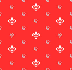 Seamless pattern. Modern geometric ornament with red background and white royal lilies. Classic vintage background