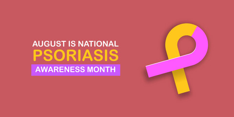 Psoriasis awareness month concept horizontal banner design template with yellow and violet ribbon and text. August is national Psoriasis awareness month vector flyer or poster background