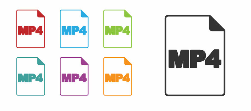Black MP4 file document. Download mp4 button icon isolated on white background. MP4 file symbol. Set icons colorful. Vector