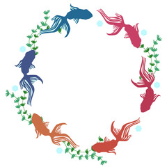 金魚の並んだ丸フレームのイラスト