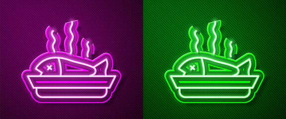 Glowing neon line Served fish on a plate icon isolated on purple and green background. Vector