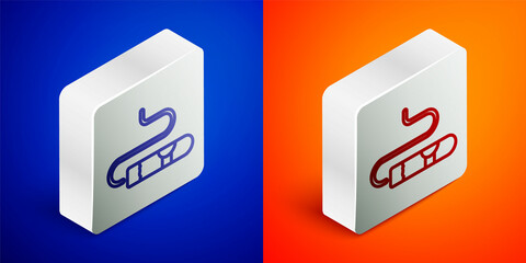 Isometric line Cigar icon isolated on blue and orange background. Silver square button. Vector